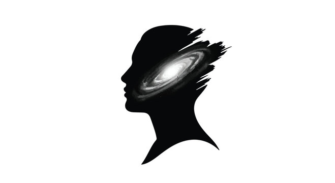 Silhouette profile of a human head contains a bright spiral galaxy replacing the brain area, suggesting deep thought or cosmic mind.