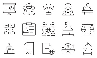 Fototapeta premium Diplomacy web icons. Containing Negotiation, embassy, diplomat, International relations, ambassador meeting, consulate service, peace agreement ,neutrality, and foreign policy vector icons.