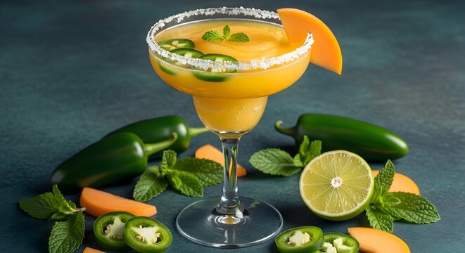 A refreshing mango margarita cocktail with jalapeno peppers and mint leaves on a dark blue background