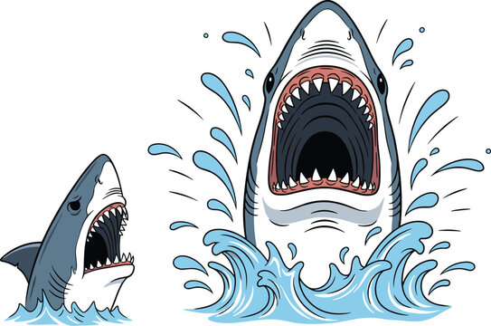Angry Shark Illustration Set with Water Splashing and Open Mouth in Dynamic Ocean Pose