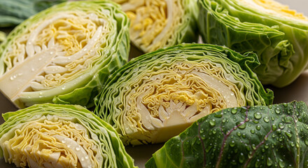 Obraz premium Cut green cabbage with intricate textures on a light background for culinary inspiration