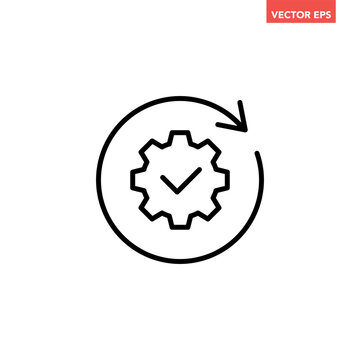 Black single round gear update confiremed line icon, simple cogwheel process flat design vector pictogram, infographic interface elements for app logo web button ui isolated on white background