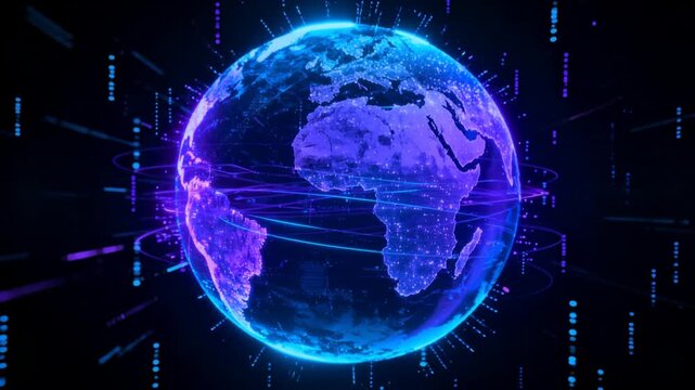 Digital planet Earth globe showing North and South America with glowing neon purple and blue network connection lines and futuristic data overlay elements on black background.