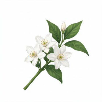 Orange Blossom Illustration with White Flowers and Green Leaves Isolated on White