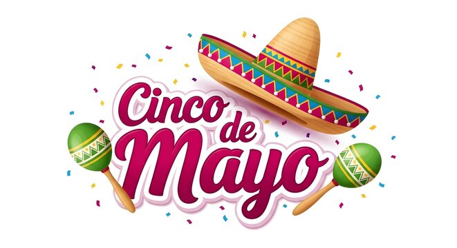 Cinco de mayo celebration with colorful sombrero and maracas isolated on white background