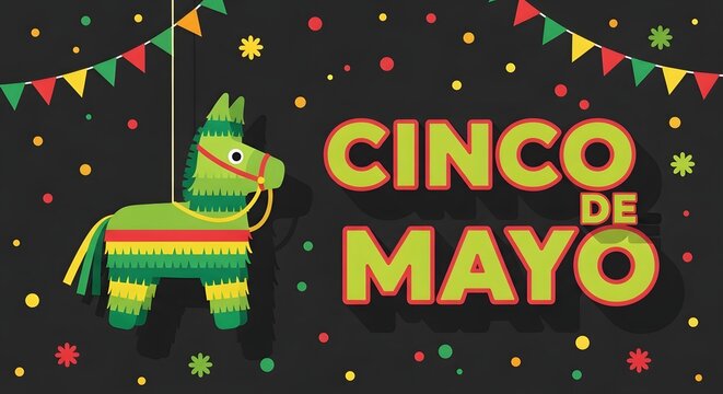 Vibrant cinco de mayo celebration banner with colorful donkey piata and festive decorations on black background
