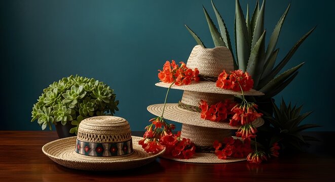 A stack of straw hats with vibrant orange flowers and potted plants on a wooden table against a teal background