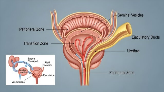 Detailed cross‑section of the prostate gland with peripheral, transition and periurethral zones, seminal vesicles, ejaculatory ducts and urethra labeled, plus inset showing sperm transport and fluid s