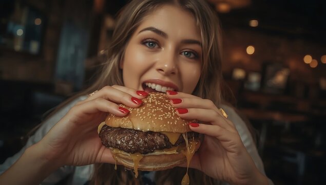 Young woman eating a large juicy burger with melted cheese and sesame seed bun in a restaurant