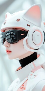 Photogenic gamer girl wearing futuristic cat ears headset or nekomimi and glasses