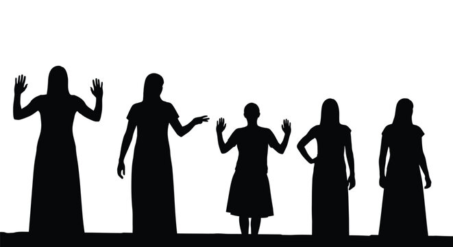 Five diverse female silhouettes showing various gestures including raised hands and conversational poses