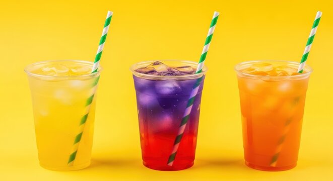 Three colorful drinks with straws on a yellow background