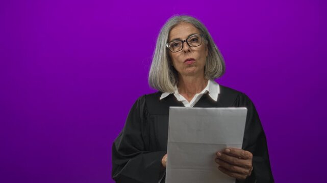 Grey haired woman judge in black robe reading a folded document, holding paper with one hand and pointing finger while speaking in a purple studio; justice authority.