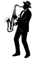 Naklejka premium Black silhouette of a saxophone player, side profile, wearing a hat, clean white background, minimal vector style, smooth edges, high contrast, professional icon design