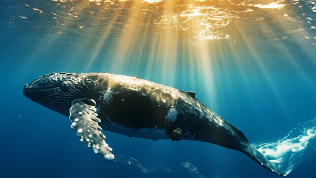 A magnificent humpback whale swims peacefully underwater, bathed in sunlight