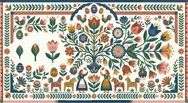 Traditional Folk Art Illustration with Floral Tree of Life, Easter Eggs, Dala Horses, and Figures in Ethnic Costumes. Scandi-inspired Ornamental Greeting Card Background.