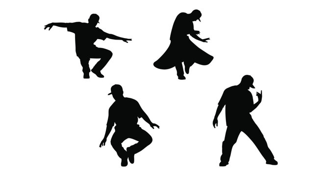 Dynamic vector graphic illustration of male hip-hop dancers performing various energetic street dance moves.