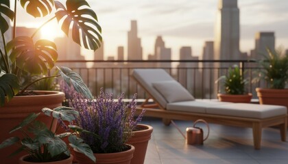 Fototapeta premium Balcony garden with potted plants overlooking city skyline sunset