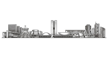 Naklejka premium A detailed black and white sketch of the Brasília skyline, showcasing iconic modernist architectural landmarks.