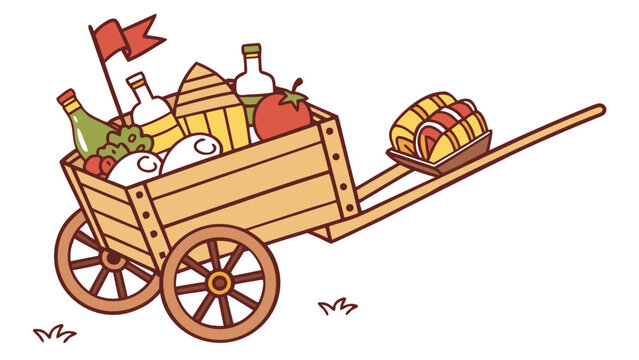 Cartoon wooden wagon with bottles and food for father's day german vatertag celebration in nature with bollerwagen