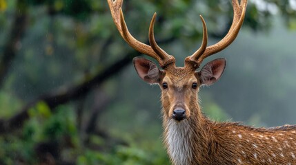 Obraz premium Majestic spotted deer portrait in lush woodland background, wildlife concept