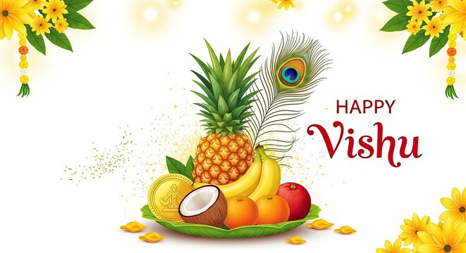 Happy vishu wishes with colorful fruits and floral decorations