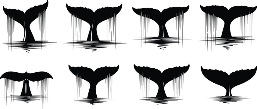 Black whale tail silhouettes set with water splashing, humpback whale flukes diving in ocean, minimalist marine animal vector icon collection