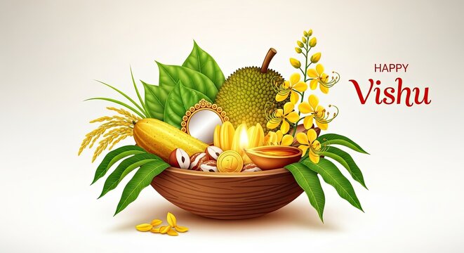Happy Vishu festival background with wooden bowl of fruits and palm leaves