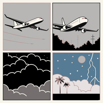 set of banners with airplane, airline, sky, clouds, environment &  eco art  vector silhouette
