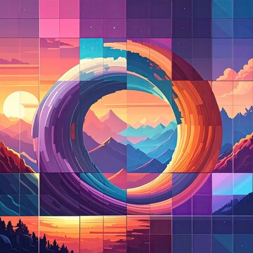 Pixelated ring reveals colorful mountain vista at dusk