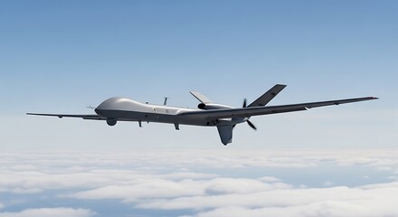 Fototapeta premium Advanced military drone flying over cloud-covered landscape at high altitude