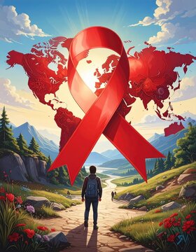 Red ribbon over world map, path to man, landscape view