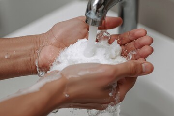 Fototapeta premium Hands washing with soap and water under faucet