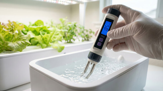 Person in gloves using a digital TDS meter to monitor water nutrient levels in a hydroponic indoor lettuce farming setup