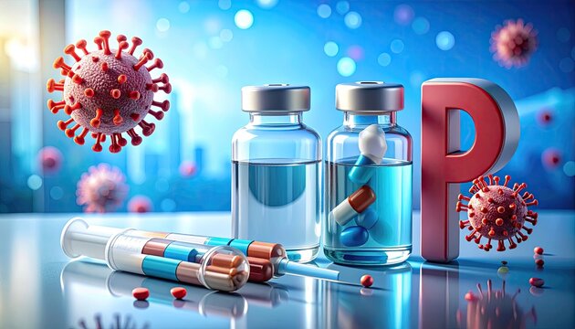 Medical vials, pills, syringe, virus, bright blue background