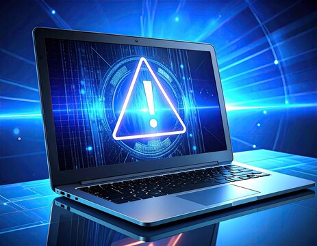 Laptop with glowing warning symbol on a blue abstract background