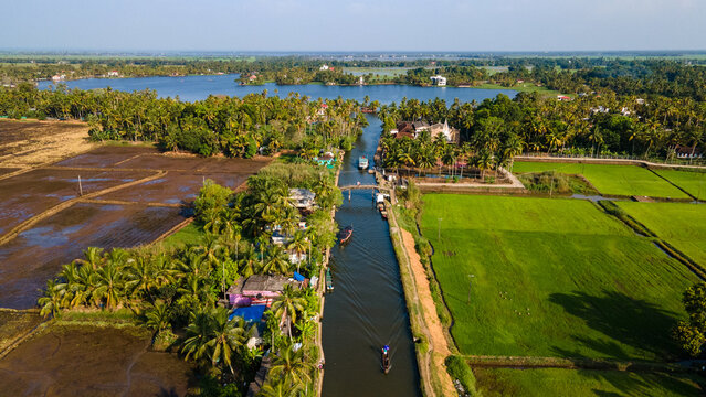 Alappuzha Agricultural Landscape Aerial View,drone shot of alleppy Green Fields Canal Network