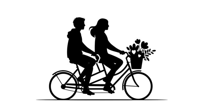 Silhouette of a couple riding a tandem bicycle.