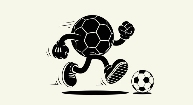 Cartoon soccer ball character running with a soccer ball.