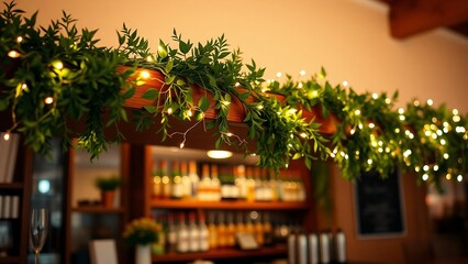 Obraz premium Festive Christmas garland with warm string lights and copper ribbon draped above a cozy restaurant bar, creating a welcoming holiday atmosphere for diners and seasonal celebrations.