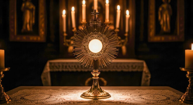 Eucharistic adoration in a dimly lit chapel