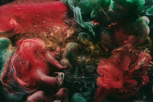 Abstract red green background. Moving smoke flow, fluid liquid art