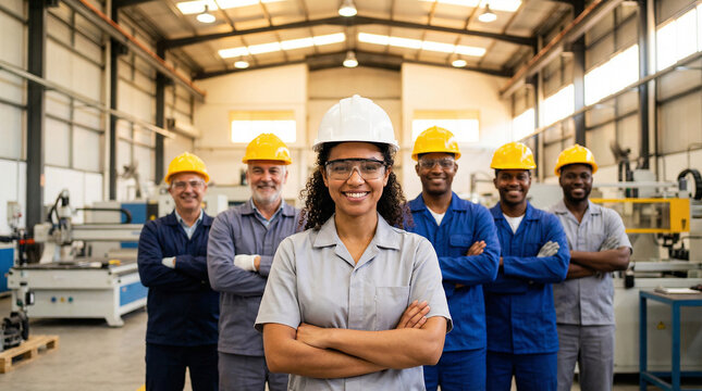diverse industrial team with female engineer in hard hat leading group, factory workplace, teamwork, leadership, manufacturing industry, skilled workers, safety gear, professional confidence