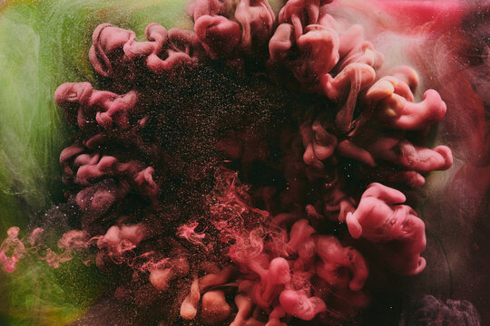 Abstract red green background. Moving smoke flow, fluid liquid art