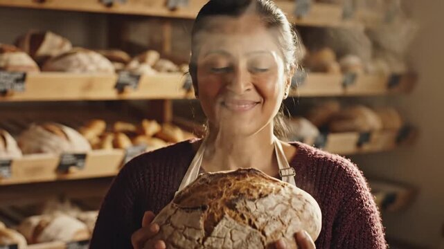 Bakers Delight - A Womans Joyful Moment with Freshly Baked Bread.