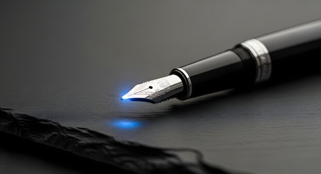 Conceptual Glowing Blue Fountain Pen Nib on Dark Slate Background with Copy Space for World Press Freedom Day