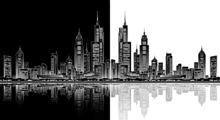 Obraz premium Black and white cityscape with skyscrapers.