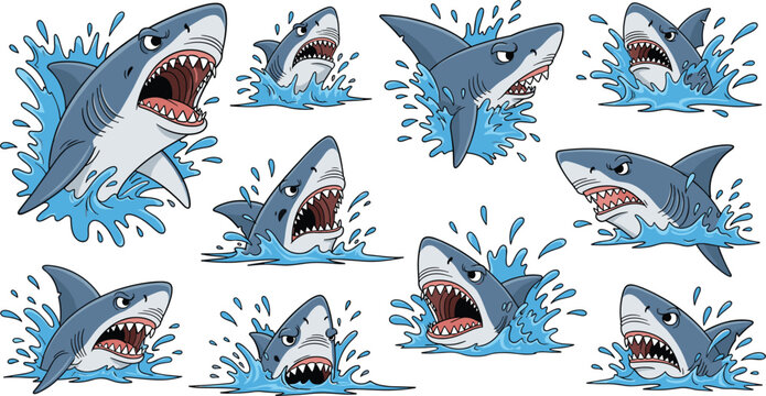 Furious Shark Vector Set with Water Splashing and Open Mouth in Various Dynamic Poses