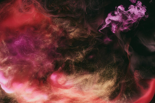 Abstract colorful red black background. Moving flow of paints, fluid liquid art, space sky