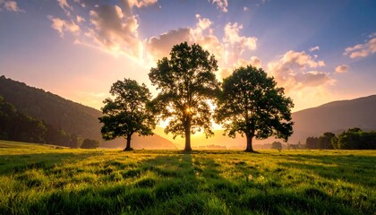 Fototapeta premium Three trees silhouetted against a golden sunset in a green field